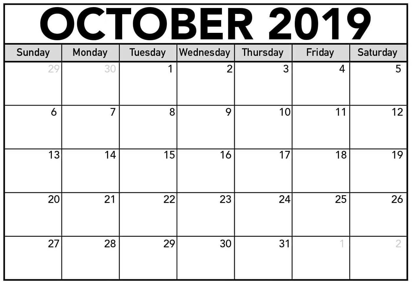 Free Blank Calendar October 2019 Printable - 2019 Calendars For Blank Calendar Template For Kids