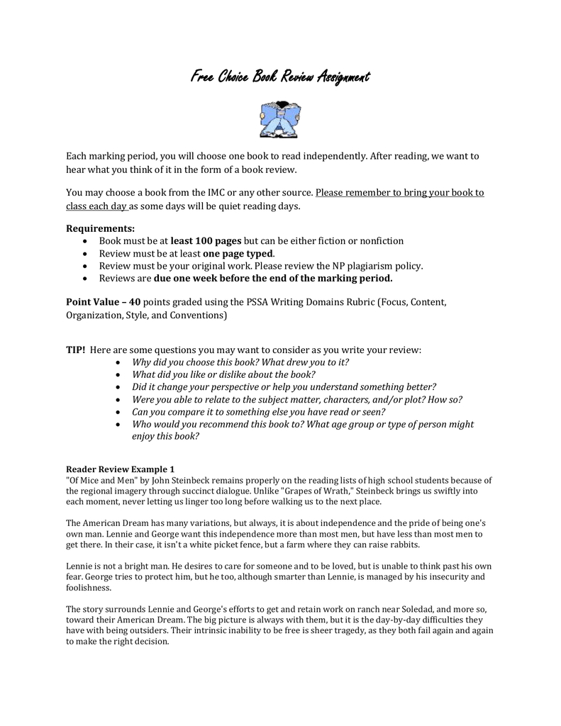 Free Choice Book Review Assignment With One Page Book Report Template