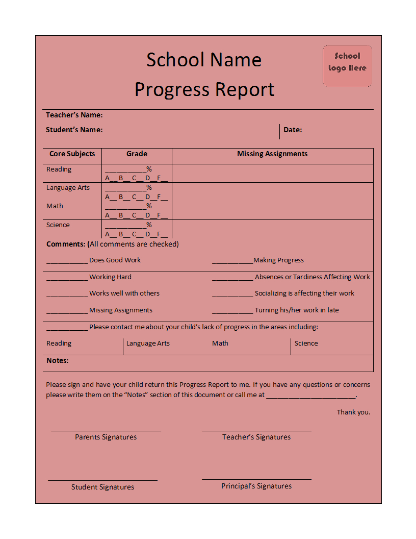 Free Printable Report Templates For School Progress Report Template