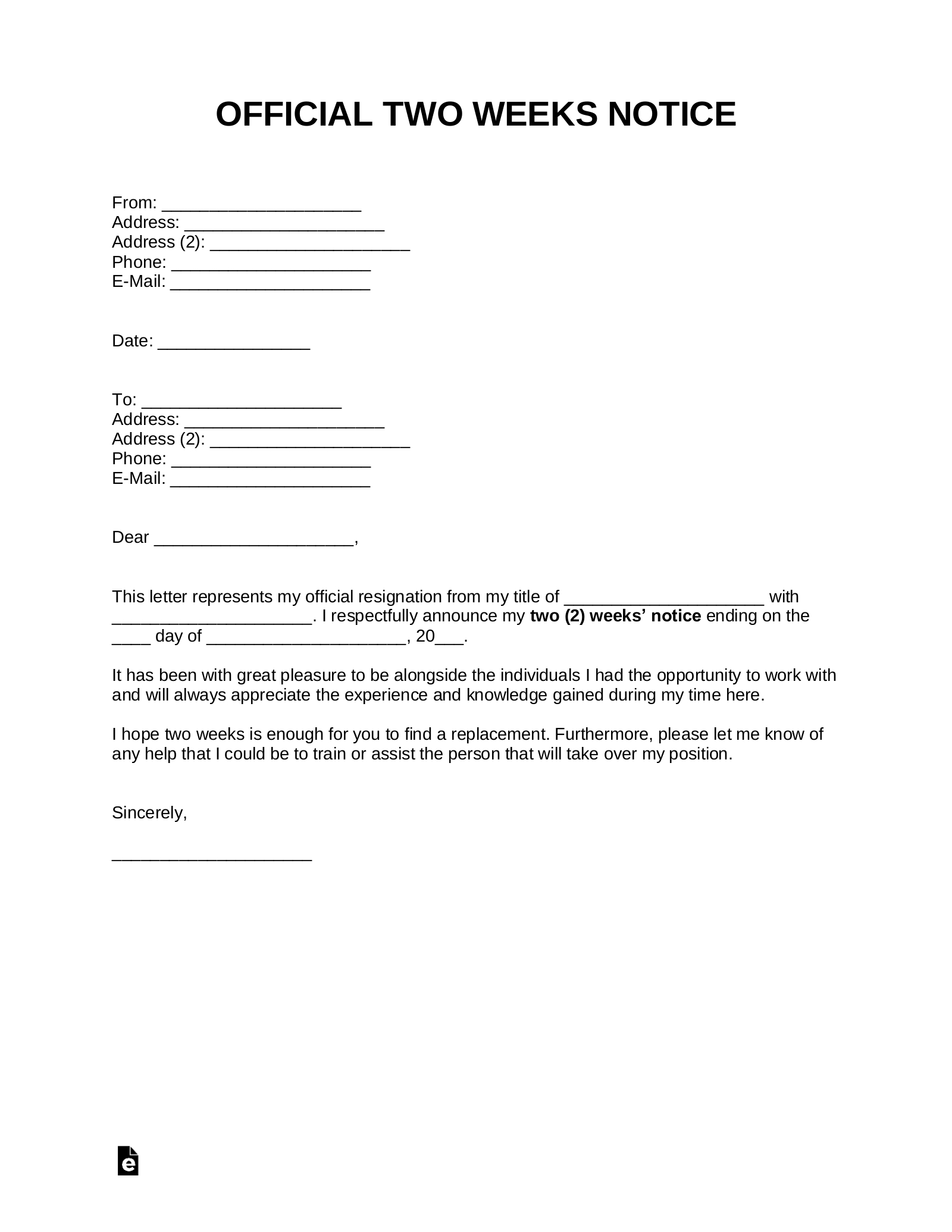 Free Two Weeks Notice Letter | Templates & Samples – Pdf Pertaining To Two Week Notice Template Word
