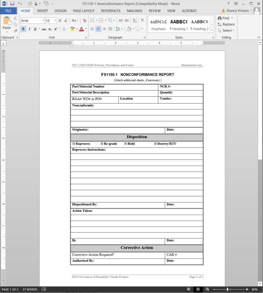 Fsms Nonconformance Report Template | Fds1150 1 Pertaining To Quality Non Conformance Report Template