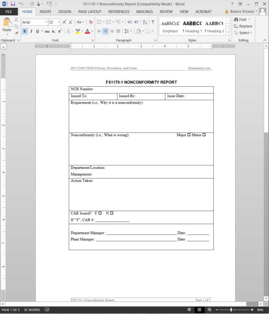 Fsms Nonconformity Report Template | Fds1170 1 Inside Non Conformance Report Form Template