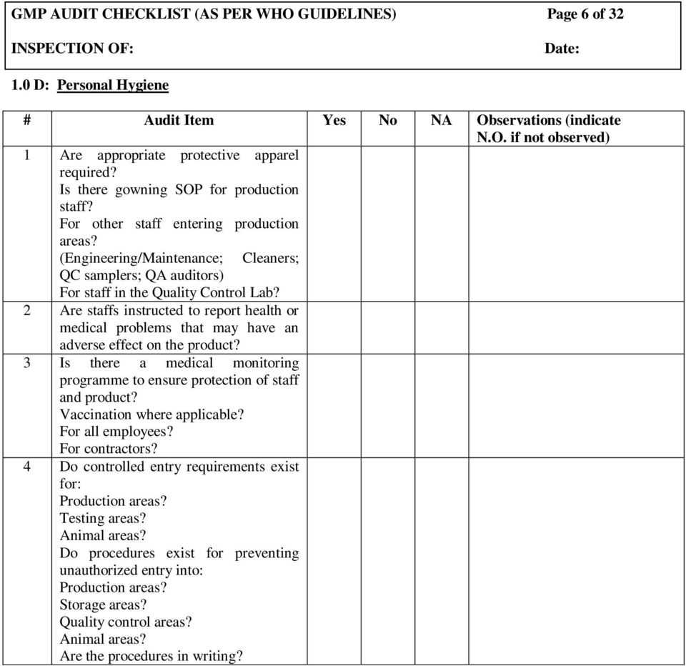 Gmp Audit Checklist (As Per Who Guidelines) Page 1 Of 32 Inside Gmp Audit Report Template