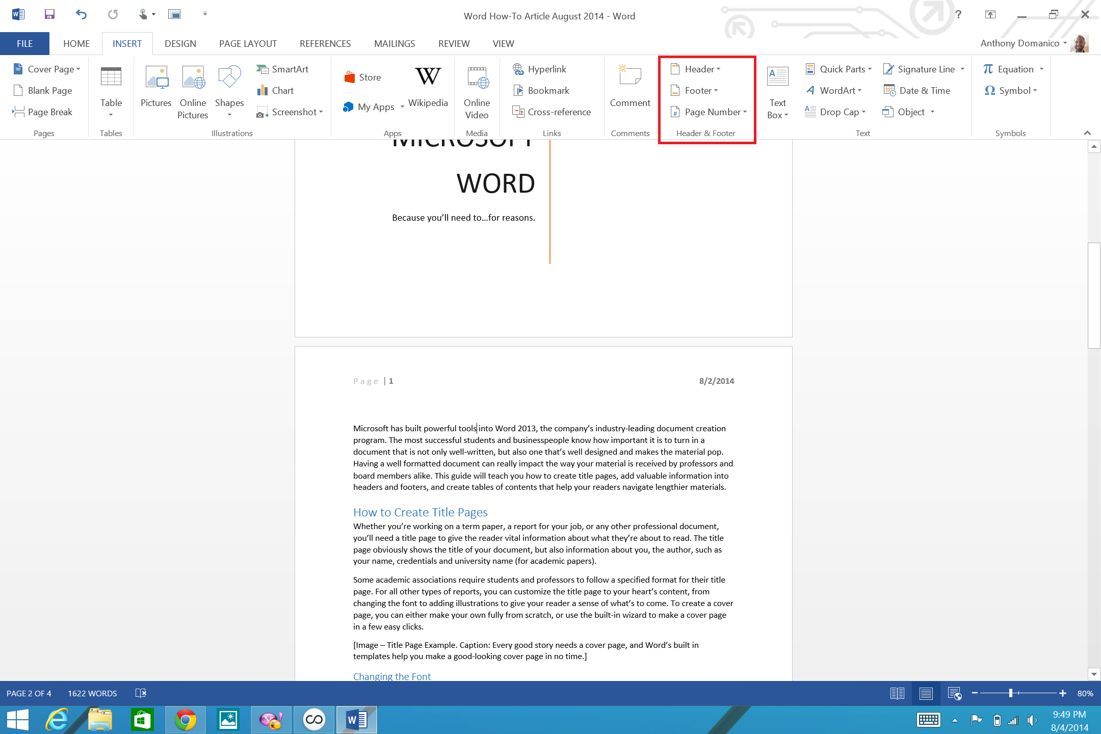 How To Add Page Numbers And A Table Of Contents To Word Intended For Word 2013 Table Of Contents Template