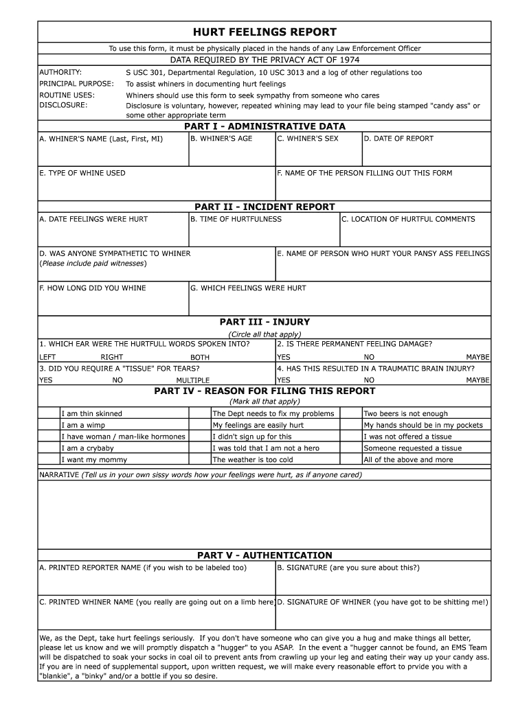 Hurt Feelings Report - Fill Online, Printable, Fillable Inside Hurt Feelings Report Template