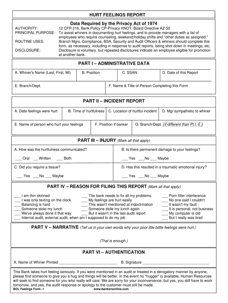 Hurt Feelings Report - Fill Online, Printable, Fillable With Hurt Feelings Report Template