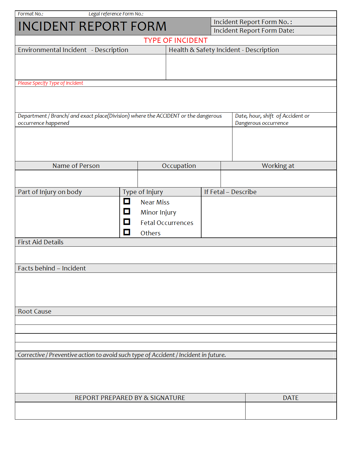 Incident Report Form – In Office Incident Report Template