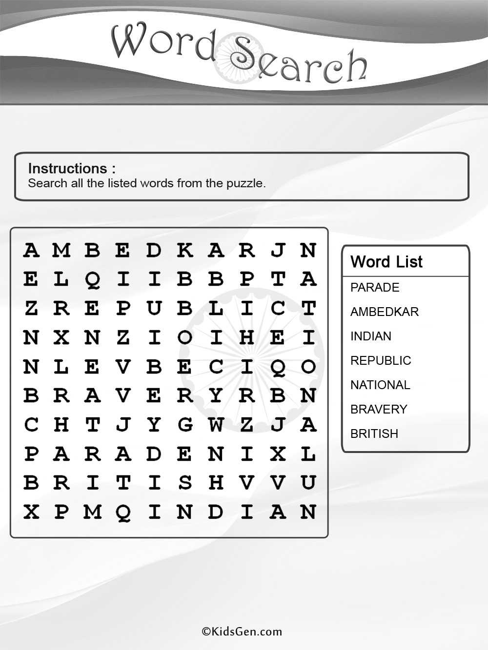 Indian Republic Day Black & White Word Search Puzzle Template Regarding Word Sleuth Template