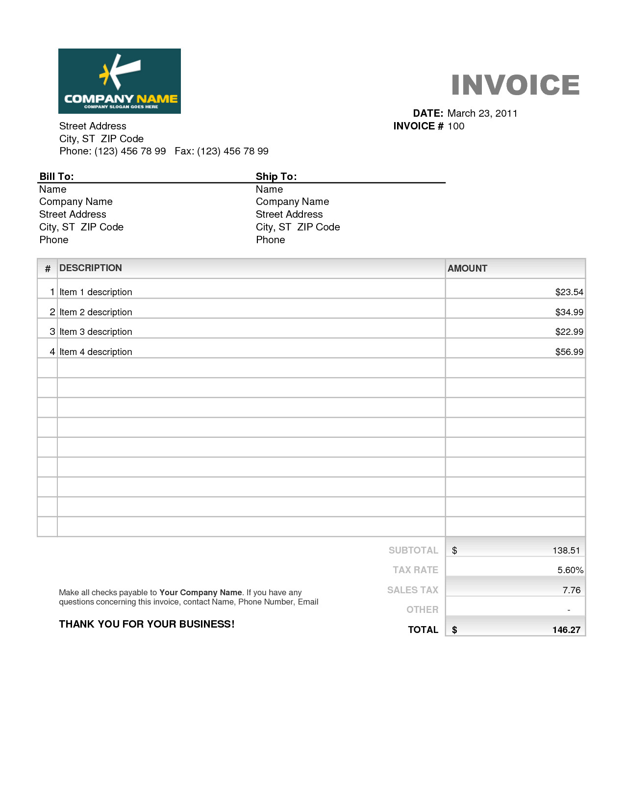 Invoice Template Free Excel New Free Sales Invoice Template With Regard To Invoice Template Word 2010