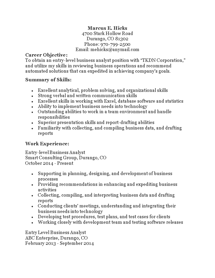 Kostenloses Entry Level Business Analyst Resume Within Business Analyst Report Template