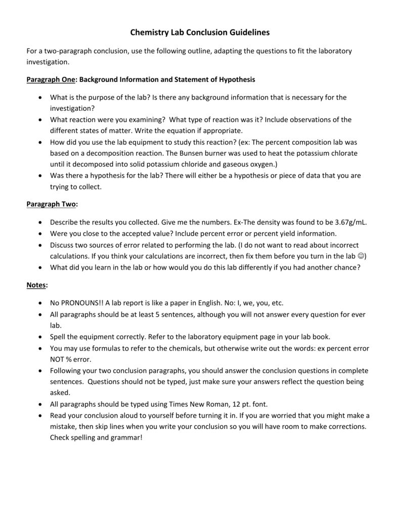 Lab Conclusion Paragraph Report Guidelines With Lab Report Conclusion Template