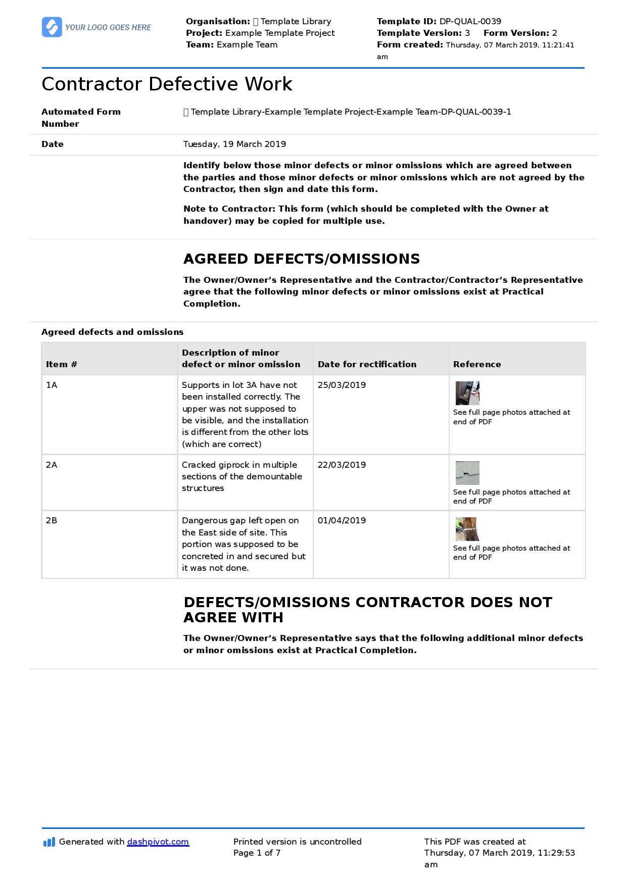 Letter To Contractor For Defective Work: Sample Letter And Throughout Construction Deficiency Report Template