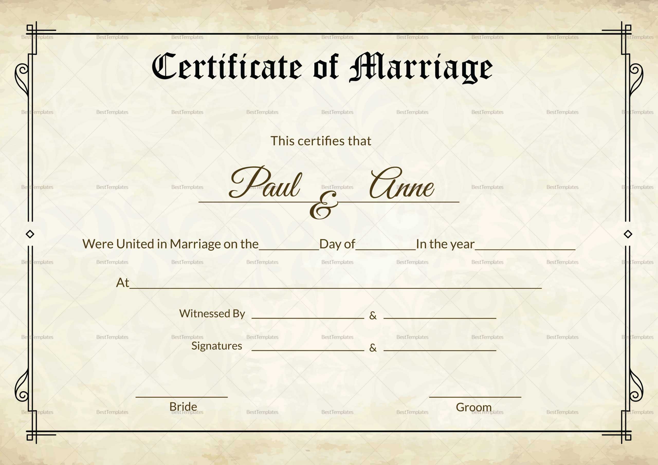Marriage Certificate Template Keepsake Wedding Sample South Within Blank Marriage Certificate Template