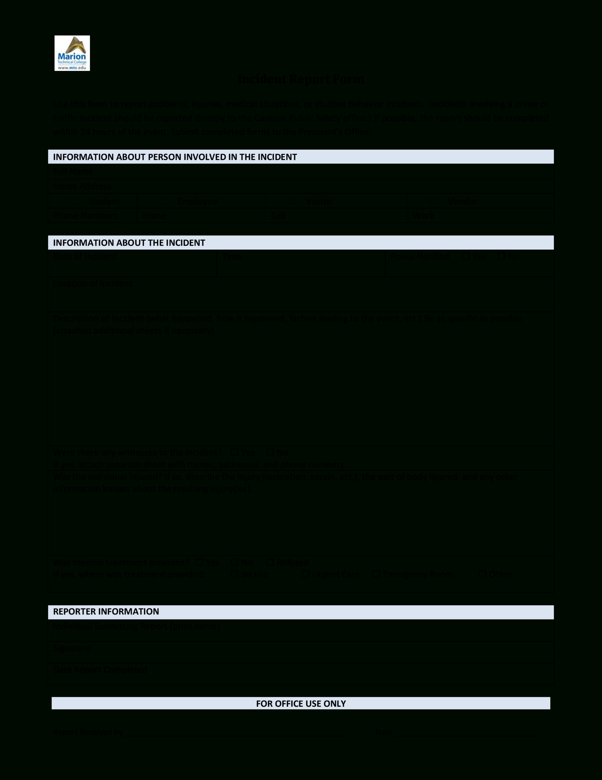 Medical Office Incident Report Form – Horizonconsulting.co Pertaining To Office Incident Report Template