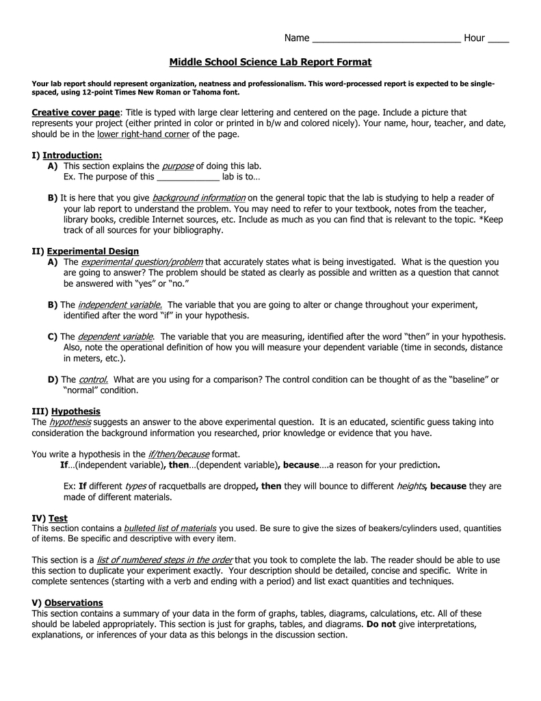 Middle School Science Lab Report Format Regarding Lab Report Template Middle School