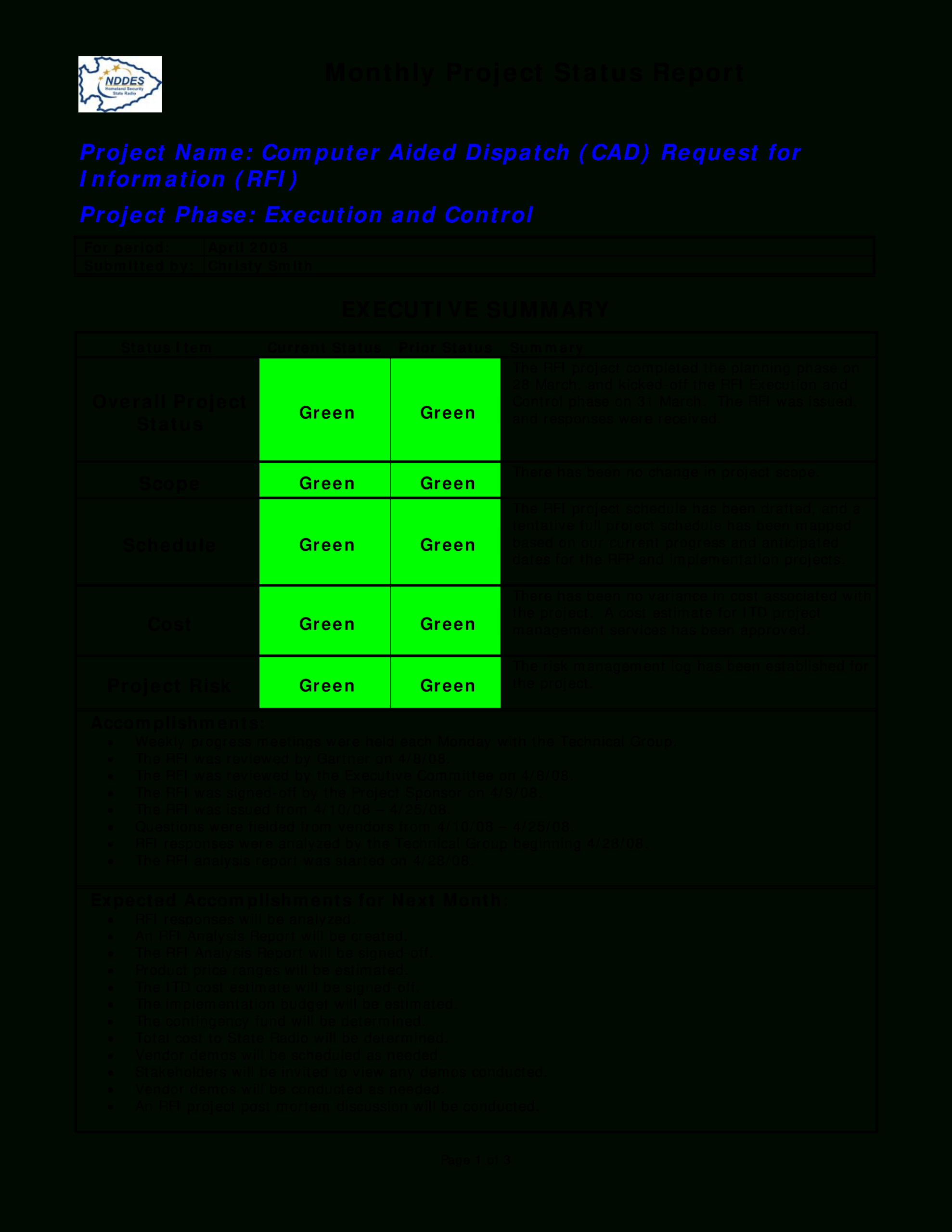 Monthly Project Status Report | Templates At With Monthly Status Report Template