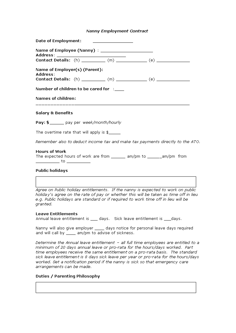 Nanny Employment Contract Template | Templates At With Regard To Nanny Contract Template Word