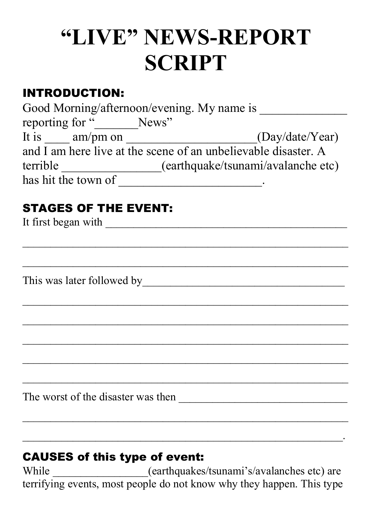 Natural Disaster - Live Newsreport Script Template In News Report Template