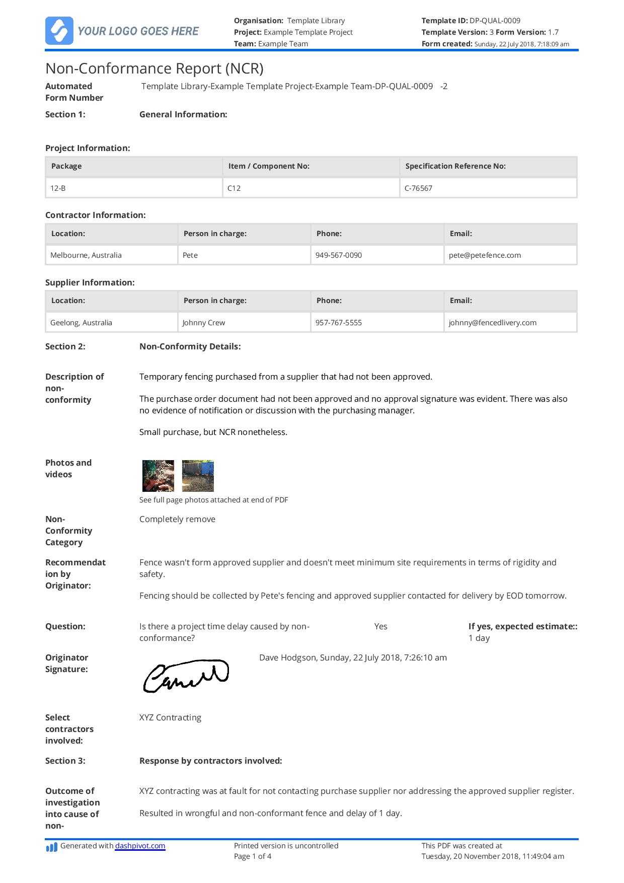 Non Conformance Report Example: Here's What Your Ncr Should For Ncr Report Template