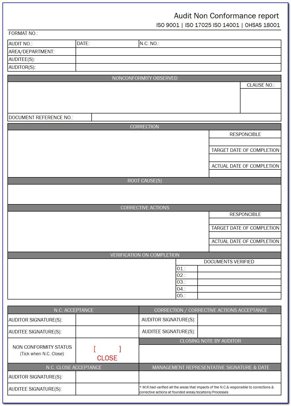 Non Conformance Report Template Iso 9001 – Form : Resume With Regard To Ncr Report Template
