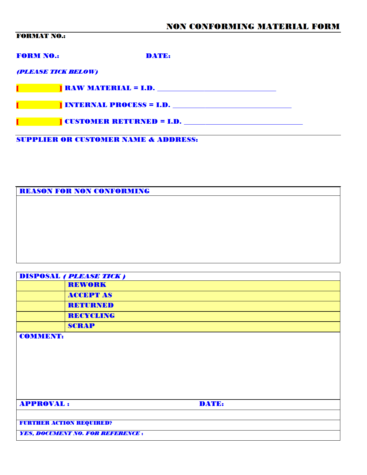 Non Conforming Material Form – Within Non Conformance Report Form Template