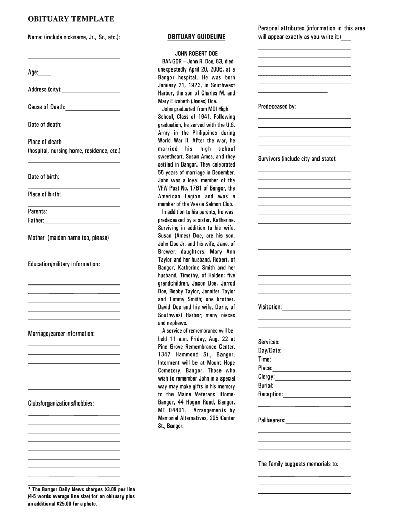 Obituary Template - Fill Online, Printable, Fillable, Blank Throughout Fill In The Blank Obituary Template