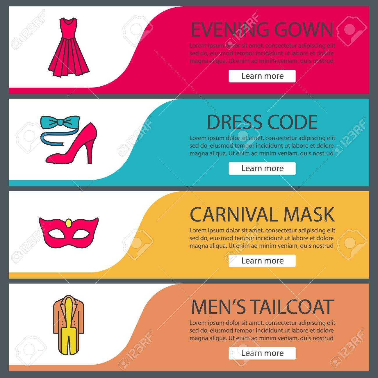 Party Accessories Web Banner Templates Set. Evening Gown, Carnival.. In Tie Banner Template