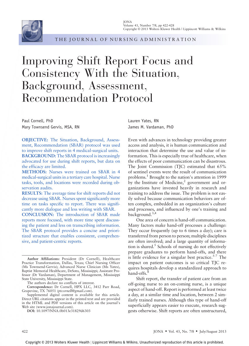 Pdf) Improving Shift Report And Accuracy With Sbar Throughout Nursing Shift Report Template