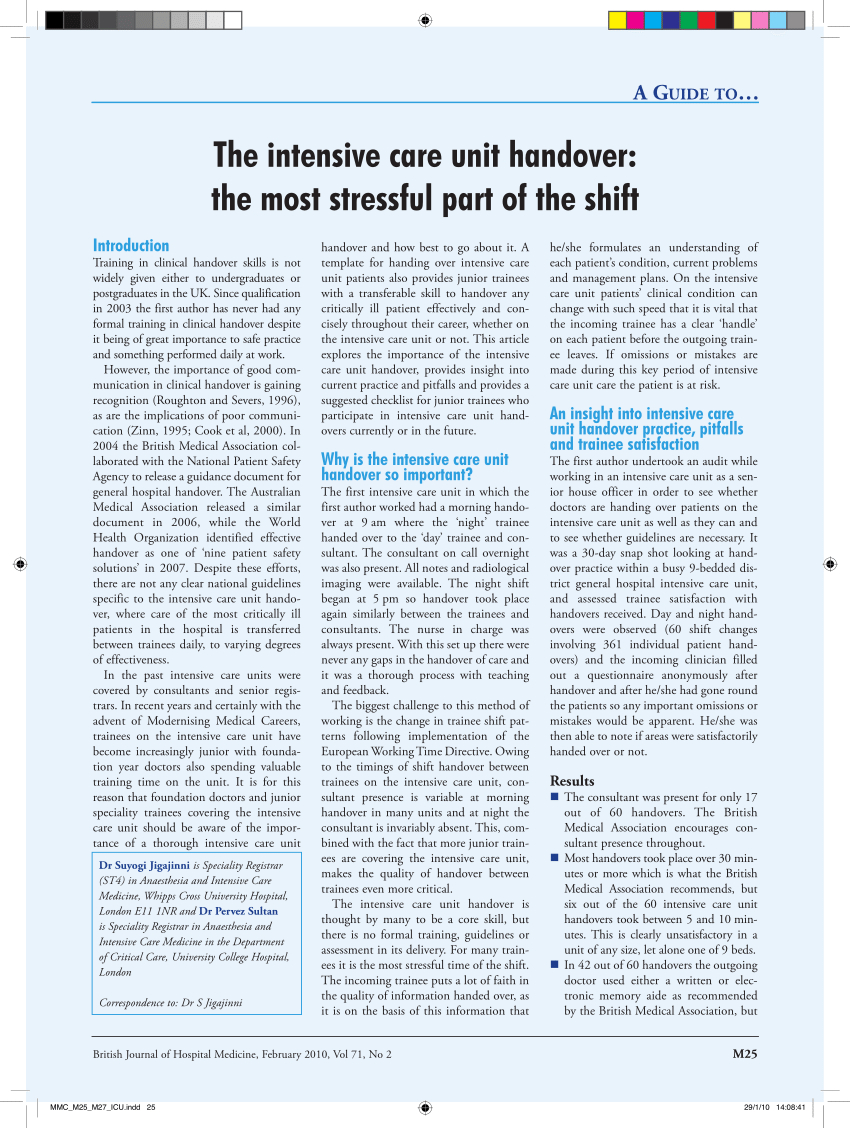 Pdf) The Intensive Care Unit Handover: The Most Stressful Throughout Icu Report Template