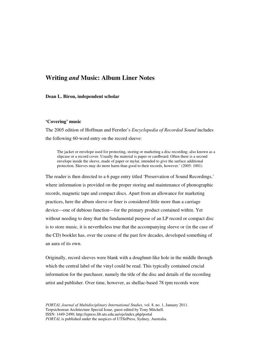 Pdf) Writing And Music: Album Liner Notes Pertaining To Cd Liner Notes Template Word