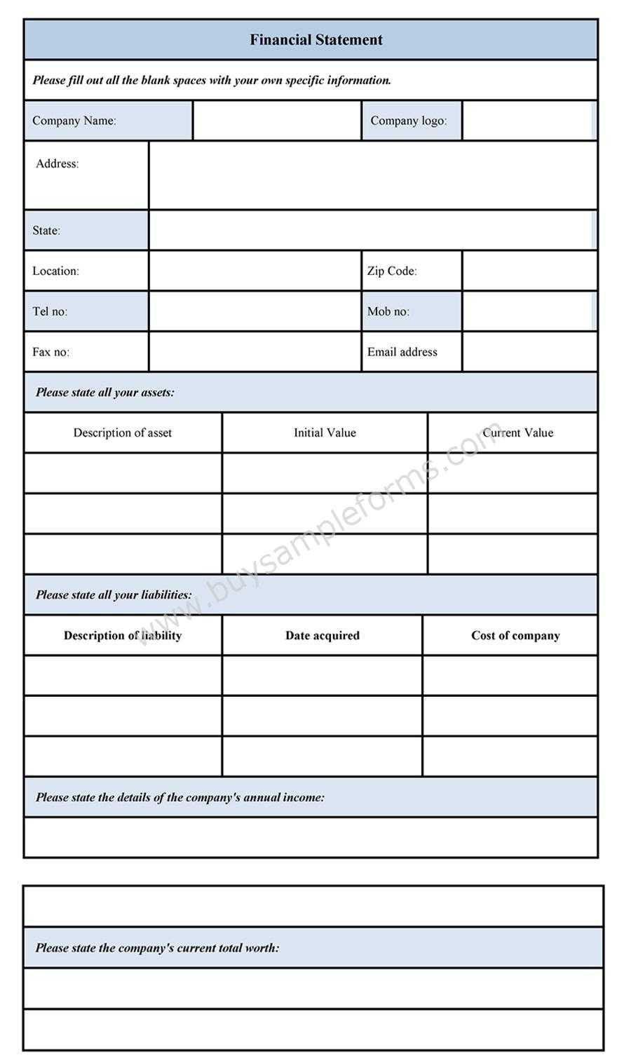 Personal Financial Statement Template Blank Form Sample Pertaining To Blank Personal Financial Statement Template