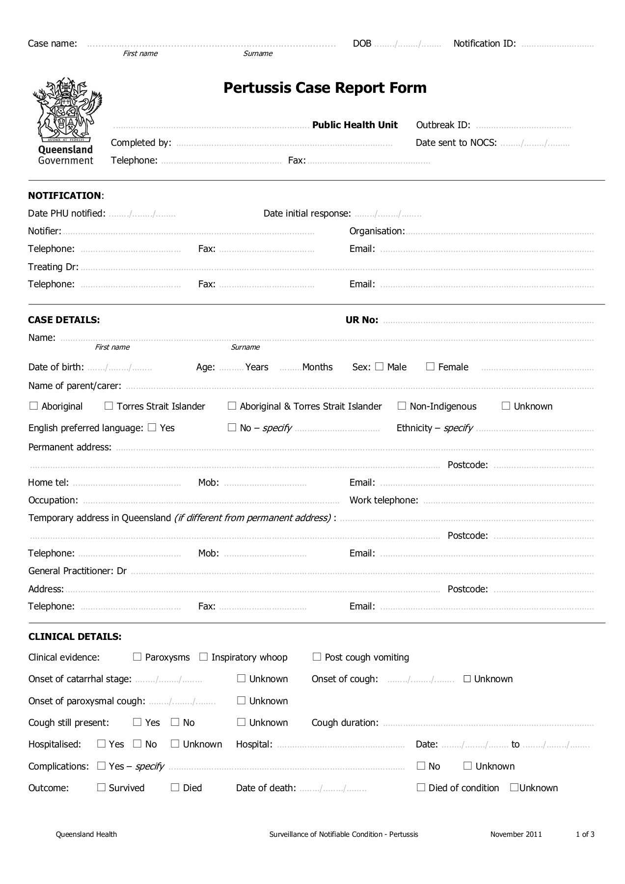 Pertussis Case Report Form – Queensland Health In Case Report Form Template Clinical Trials
