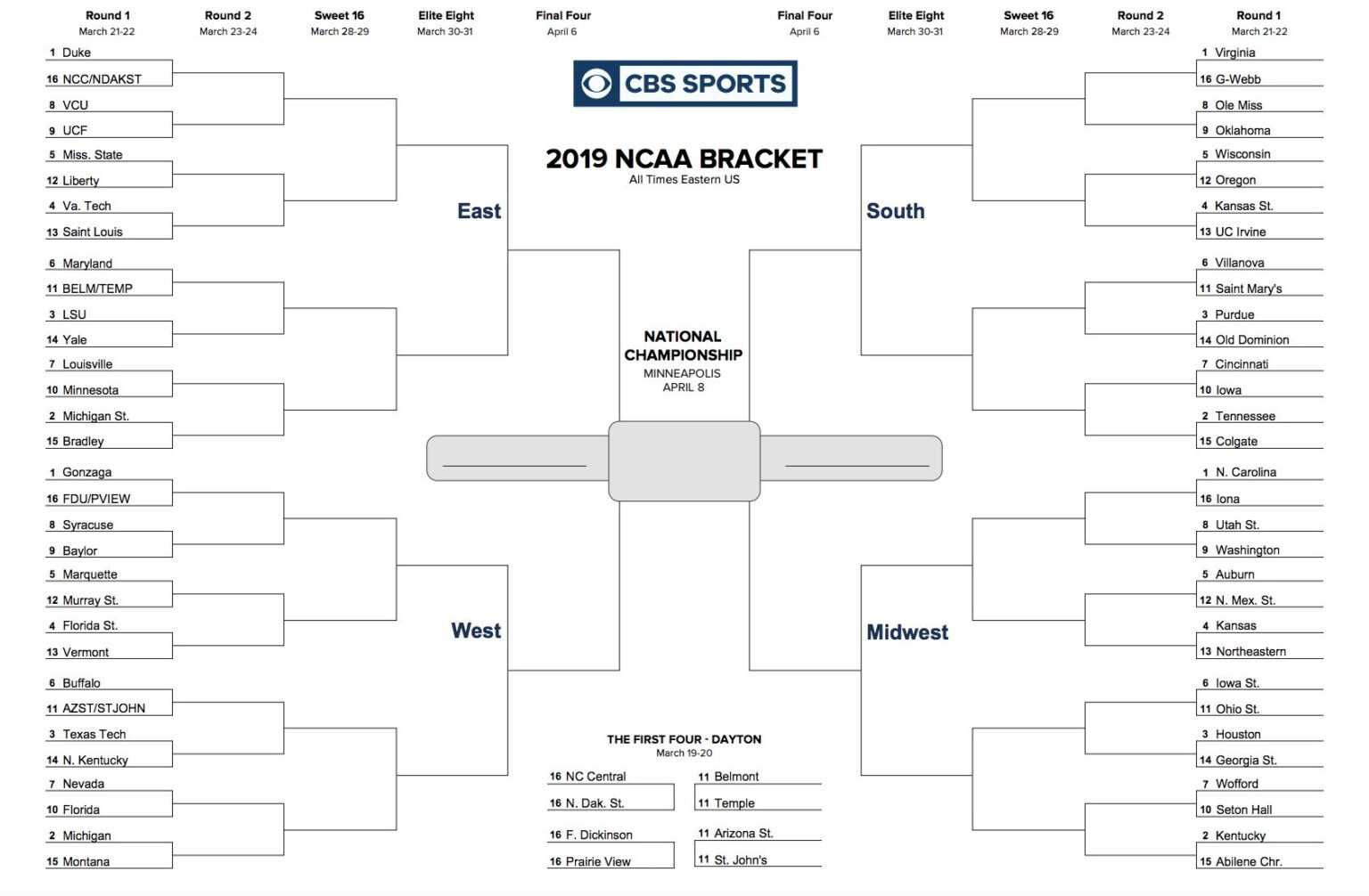 Printable Ncaa Tournament Bracket For March Madness 2019 For Blank