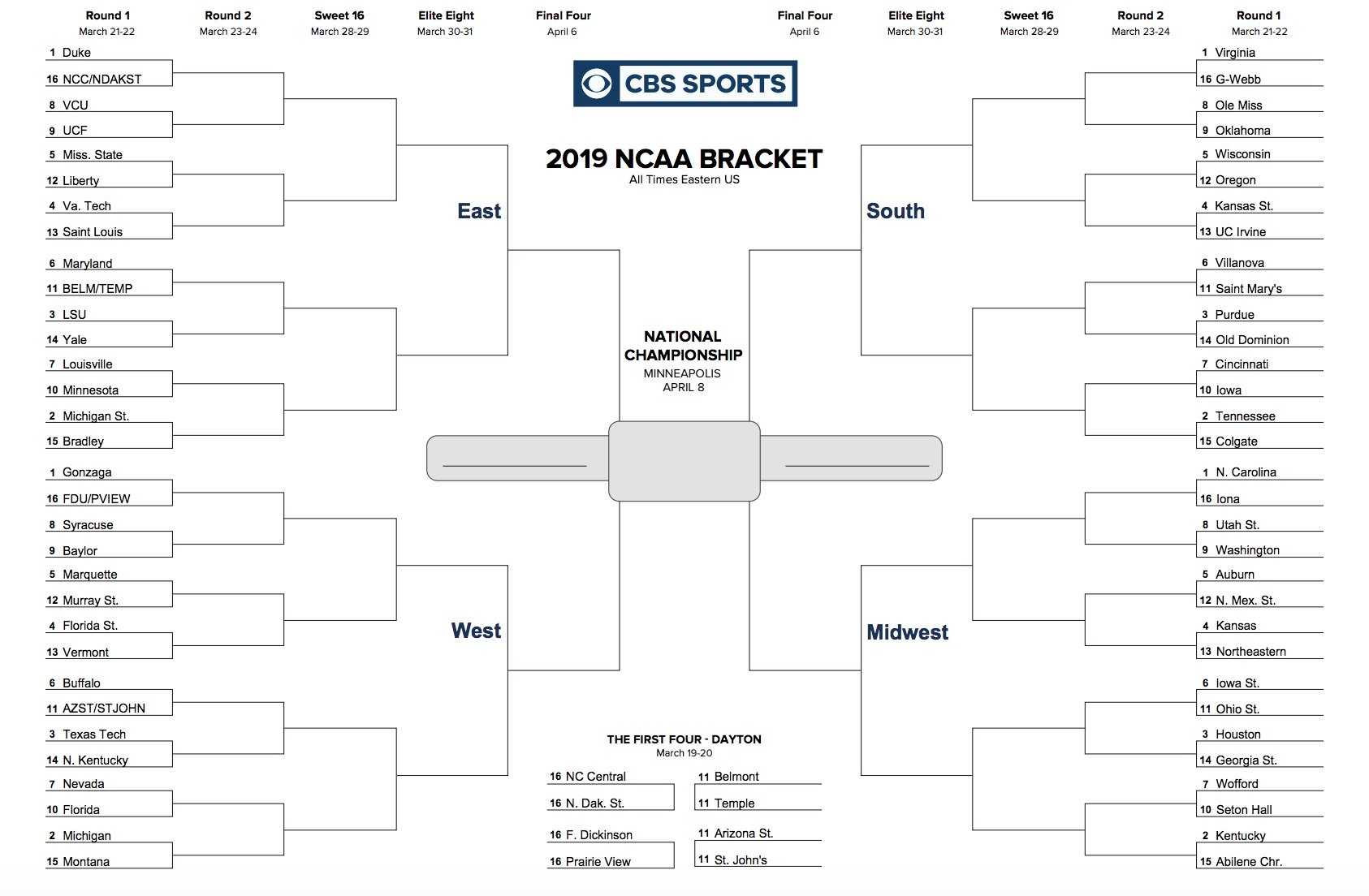 Printable Ncaa Tournament Bracket For March Madness 2019 For Blank
