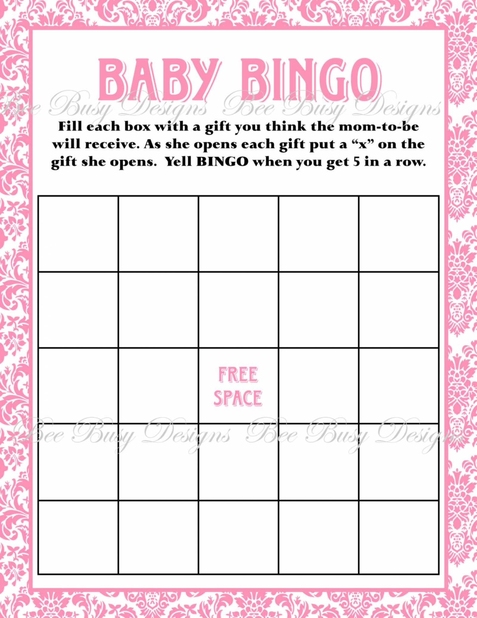 Printable Pink Damask Baby Shower Bingo Game Instant Download With Blank Bridal Shower Bingo Template