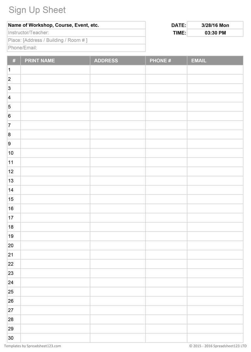 Printable Sign Up Worksheets And Forms For Excel, Word And Pertaining To Free Sign Up Sheet Template Word