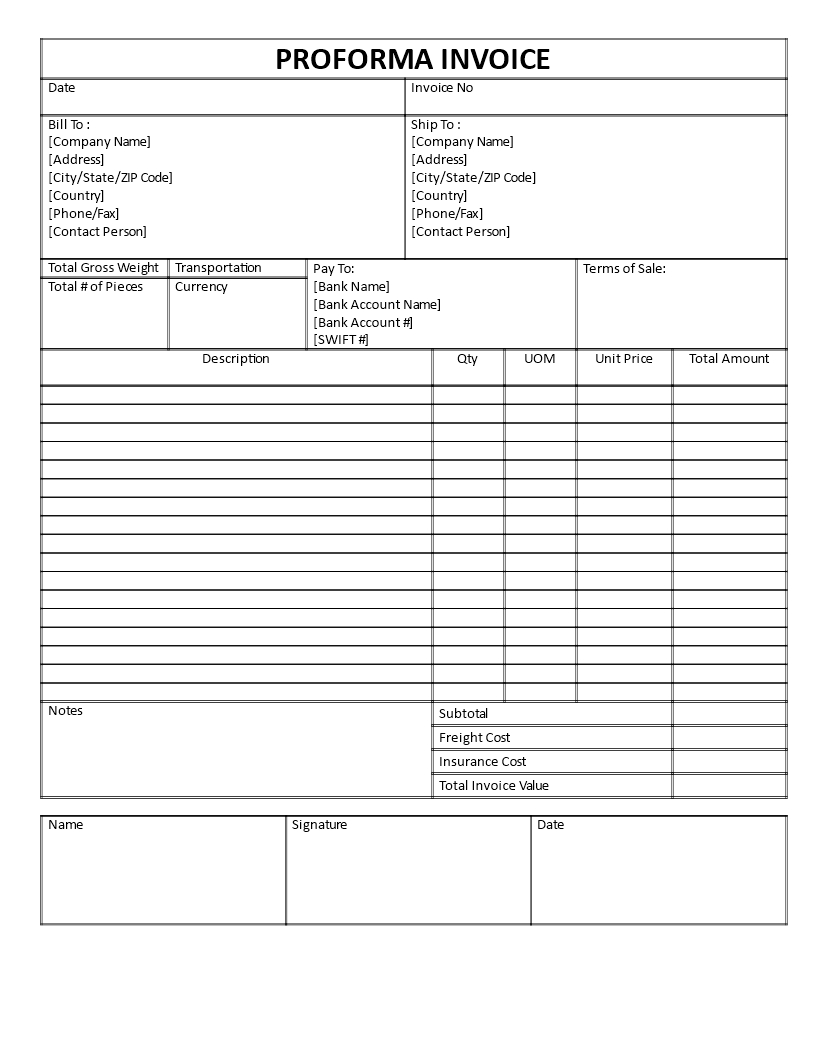 simple proforma invoice template excel