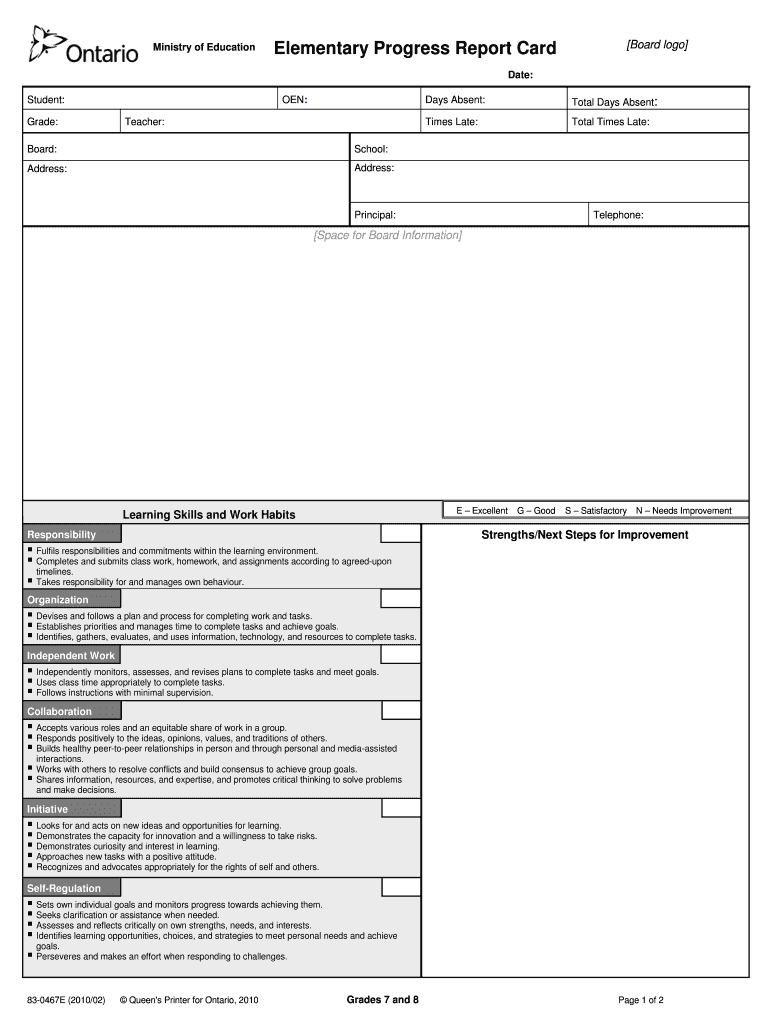 Progress Reports Ontario – Fill Online, Printable, Fillable Throughout Blank Report Card Template