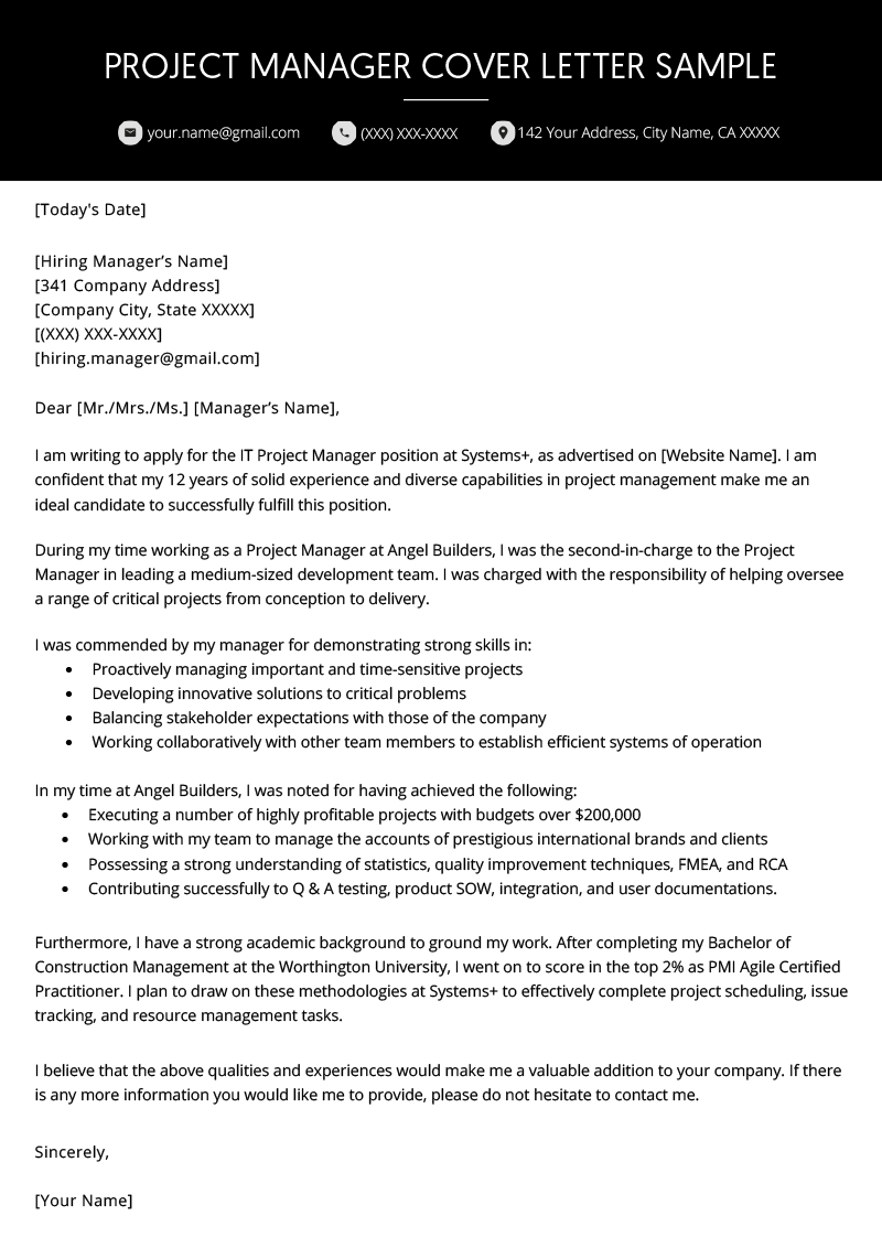 Project Manager Cover Letter Example | Resume Genius Inside Letter Of Interest Template Microsoft Word