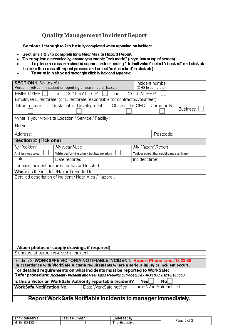 Quality Management Incident Report | Templates At Inside Near Miss Incident Report Template