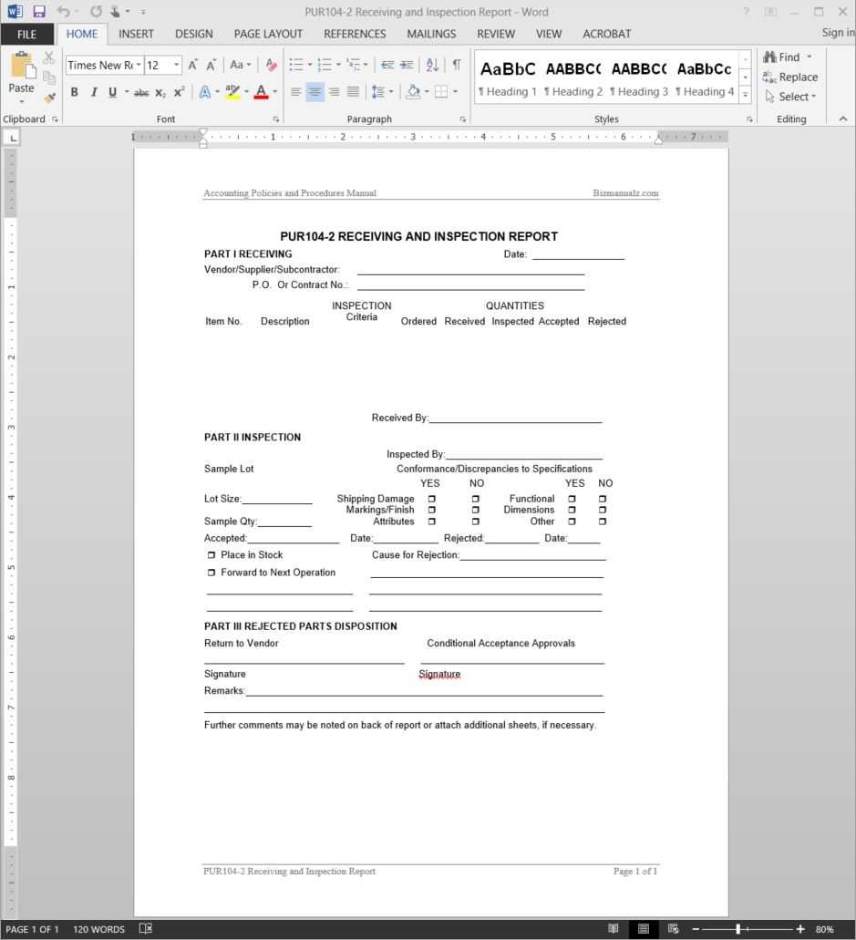 Receiving Inspection Report Template | Pur104 2 In Part Inspection Report Template