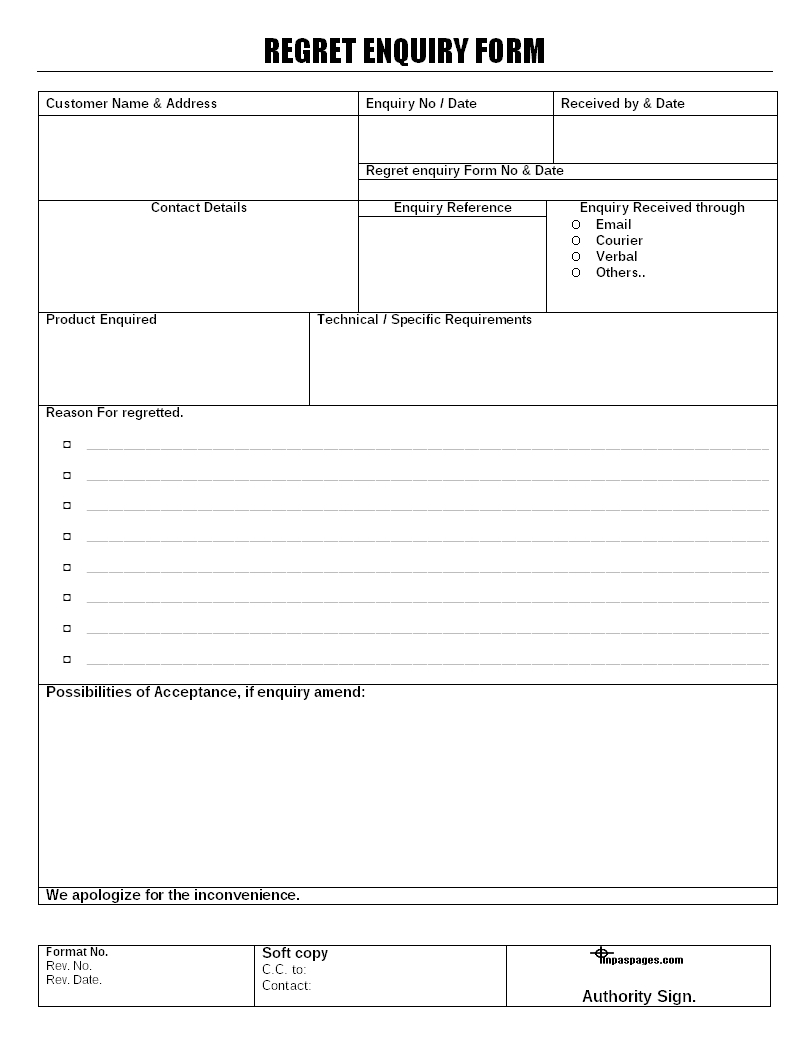 Regret Enquiry Form Format In Enquiry Form Template Word