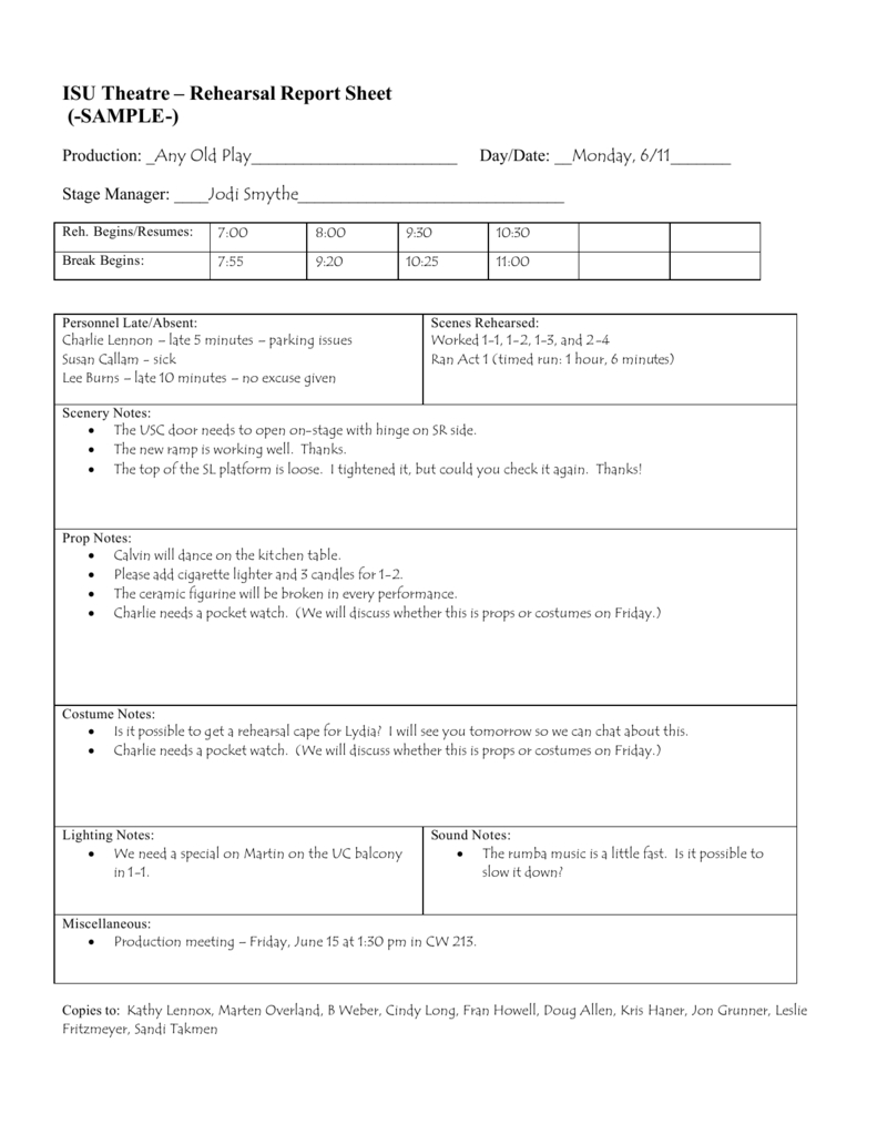 Rehearsal Report Sample Pertaining To Rehearsal Report Template