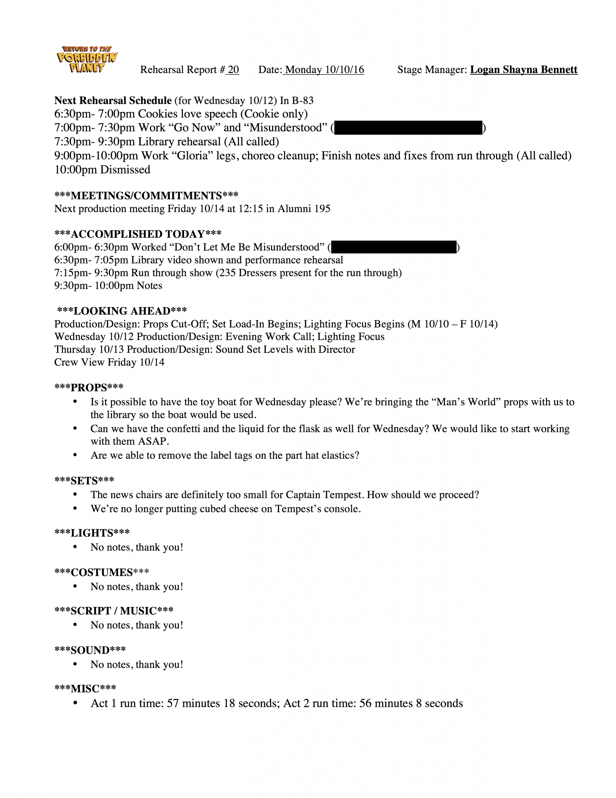 Rehearsal Report Template Stage Manager Theatre Pdf E Es Fp For Rehearsal Report Template