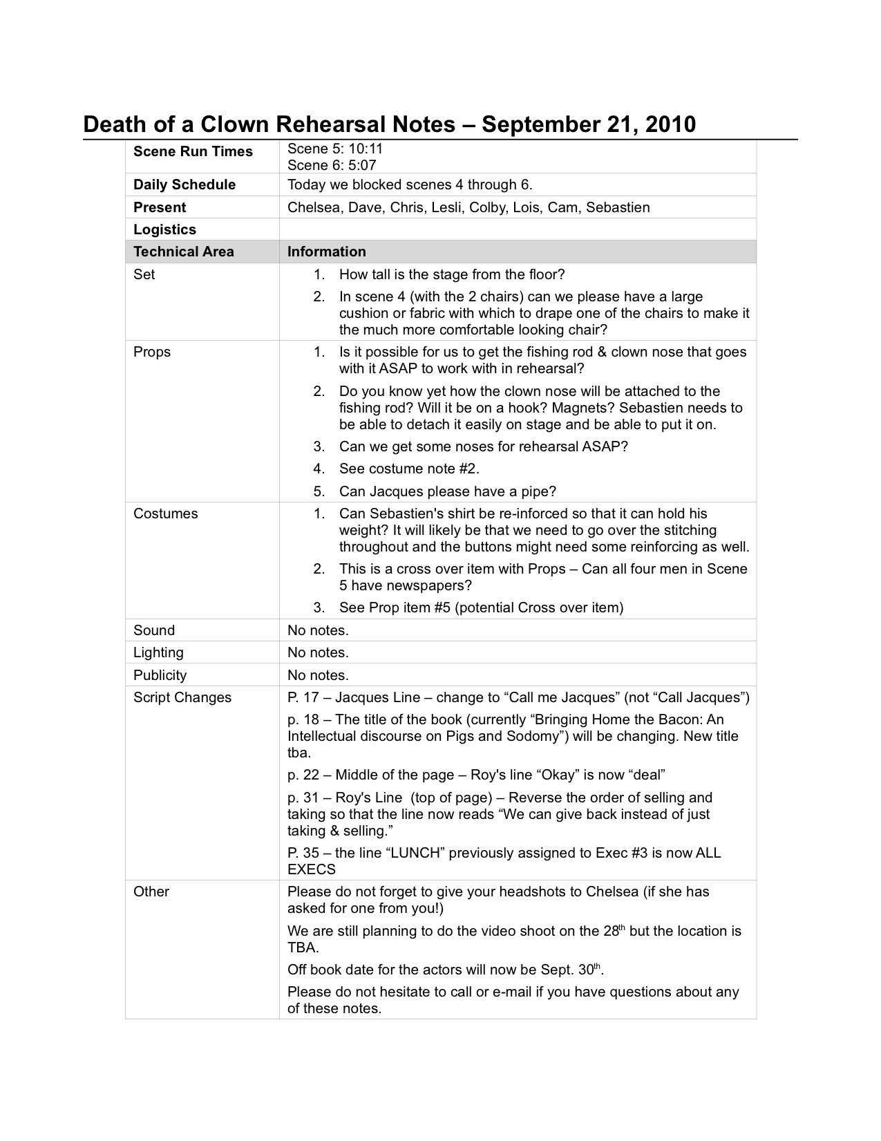 Rehearsal Report Template The Sm Prompt Book Show Bible Pt With Regard To Rehearsal Report Template