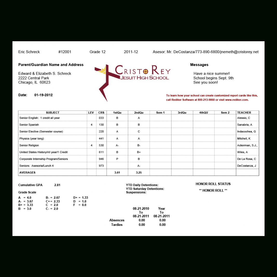 Report Card Template College Cristo Rey High School 4Web In College Report Card Template