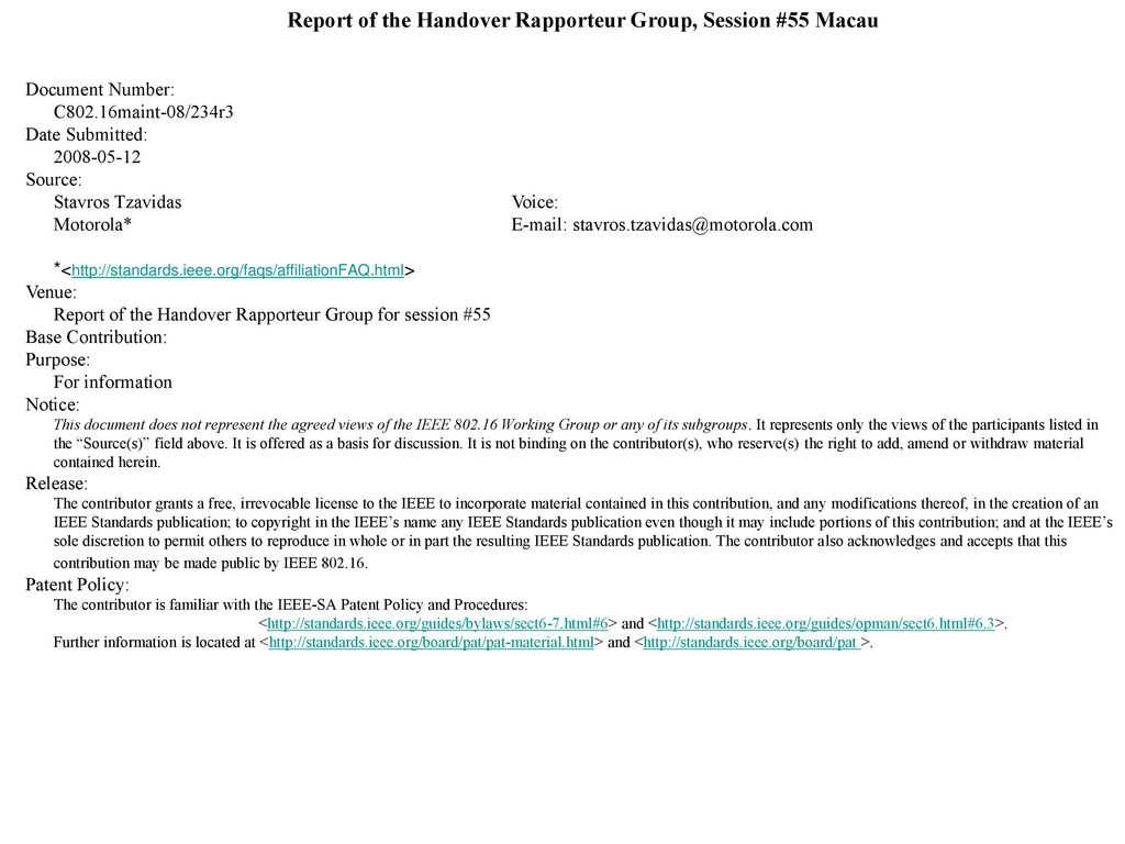 Report Of The Handover Rapporteur Group, Session #55 Macau Regarding Rapporteur Report Template
