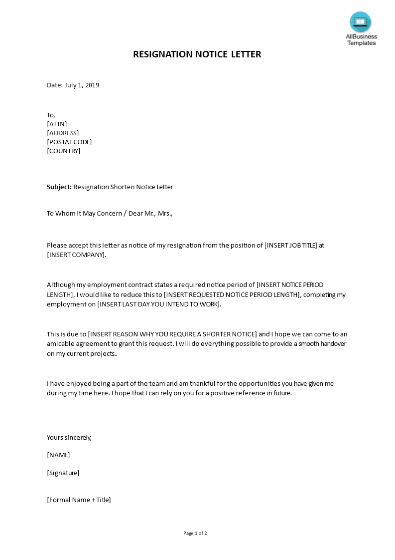 Resignation Shorten Notice Letter Sample | Templates At Throughout Two Week Notice Template Word