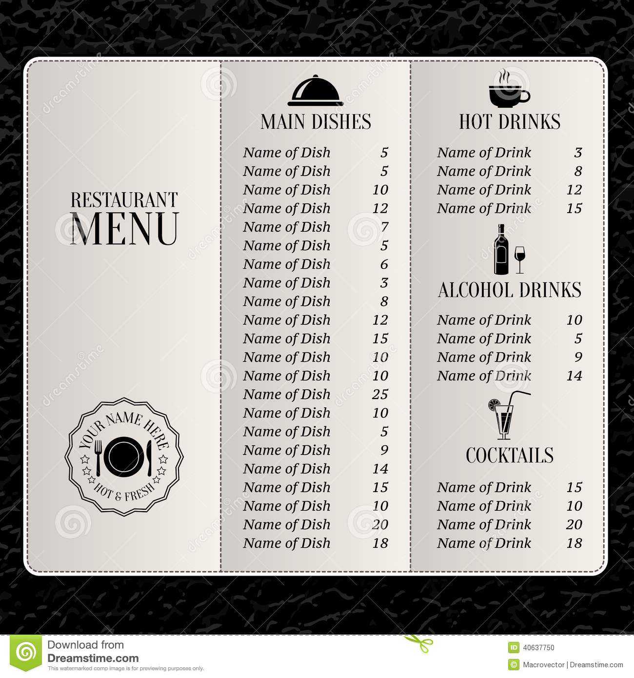 Restaurant Menu Template Stock Vector. Illustration Of For Cocktail Menu Template Word Free