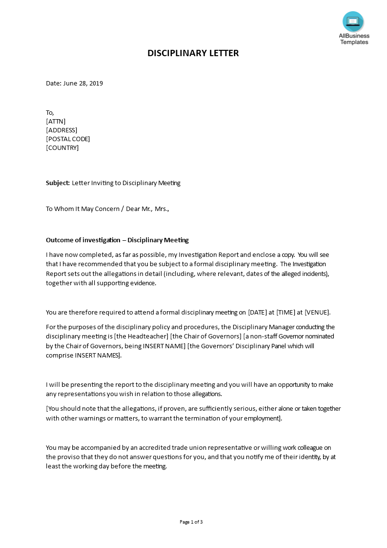 Sample Letter Inviting To Disciplinary Meeting | Templates At For Investigation Report Template Disciplinary Hearing